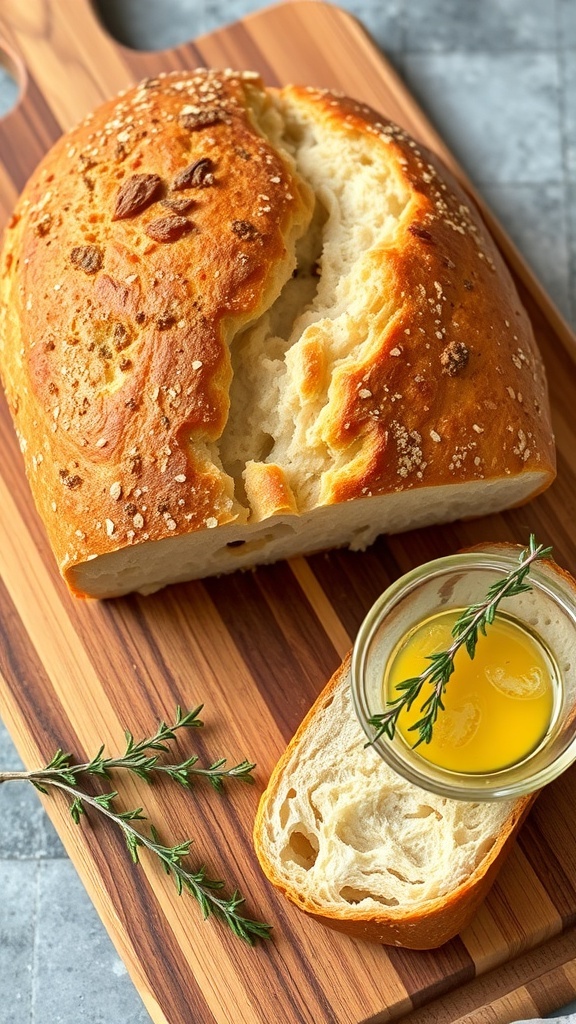 A golden-brown loaf of organic bread sliced on a wooden board with herbs and olive oil.